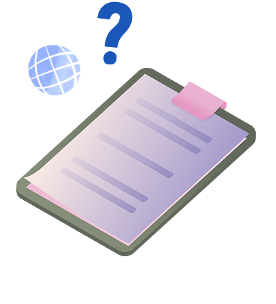 Clipboard with a question mark and a globe